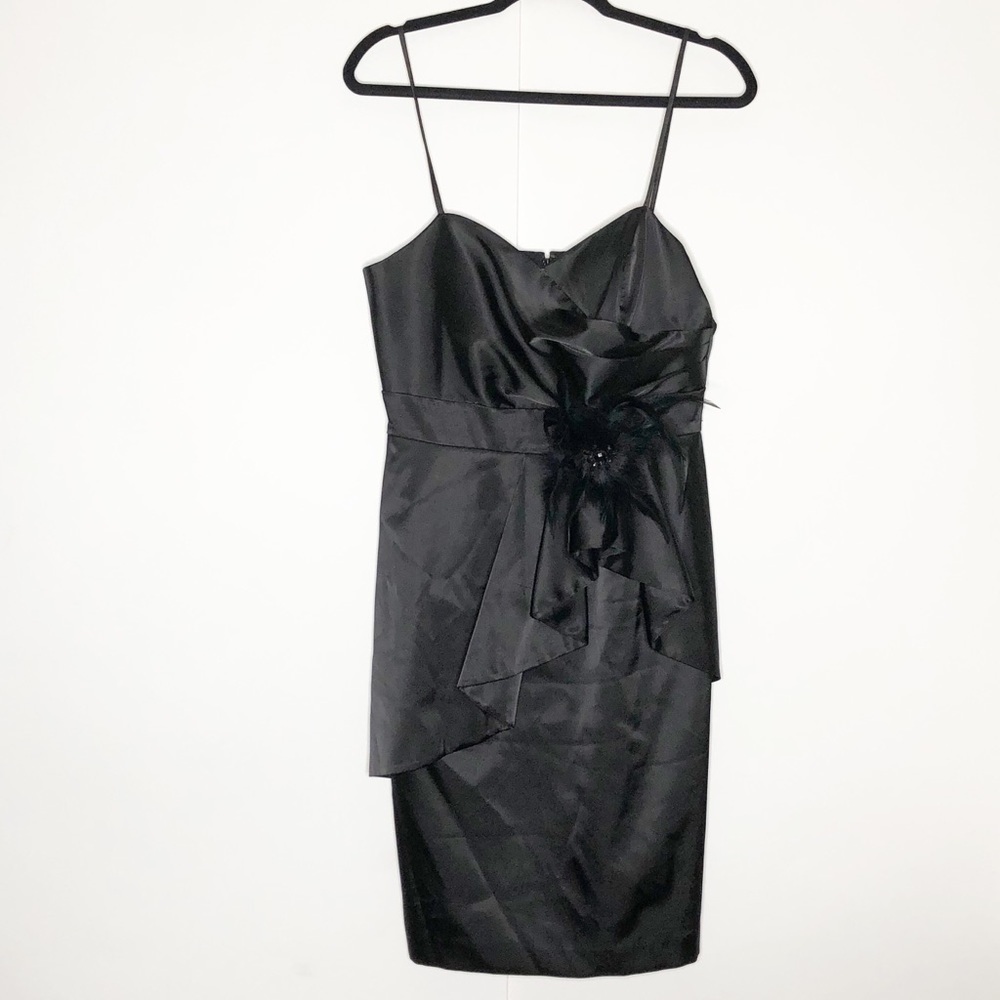Eliza J Black Satin Dress with Feather Embellishment‎